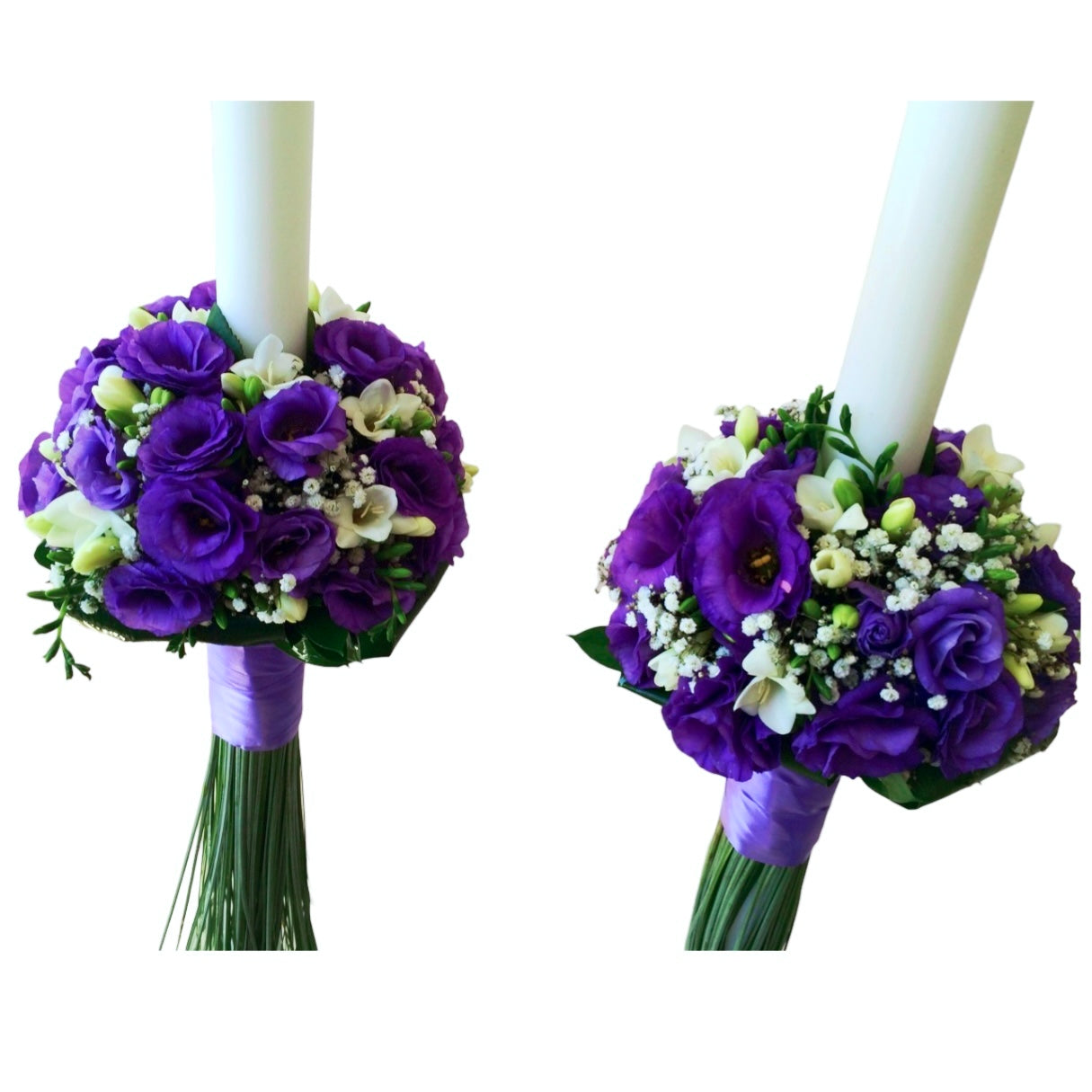 Lumanari cununie din lisianthus, frezii si floarea miresei