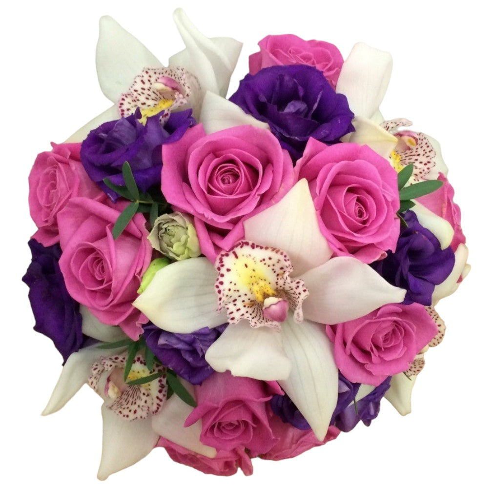 Buchet de mireasa cu trandafiri, cymbidium si lisianthus