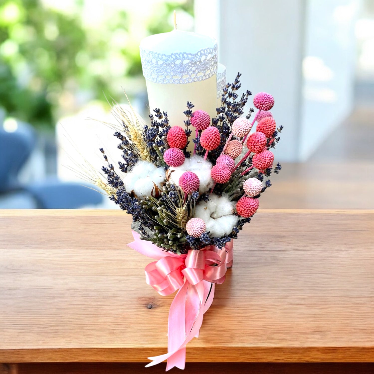 Baptism candle pink craspedia cotton and lavender