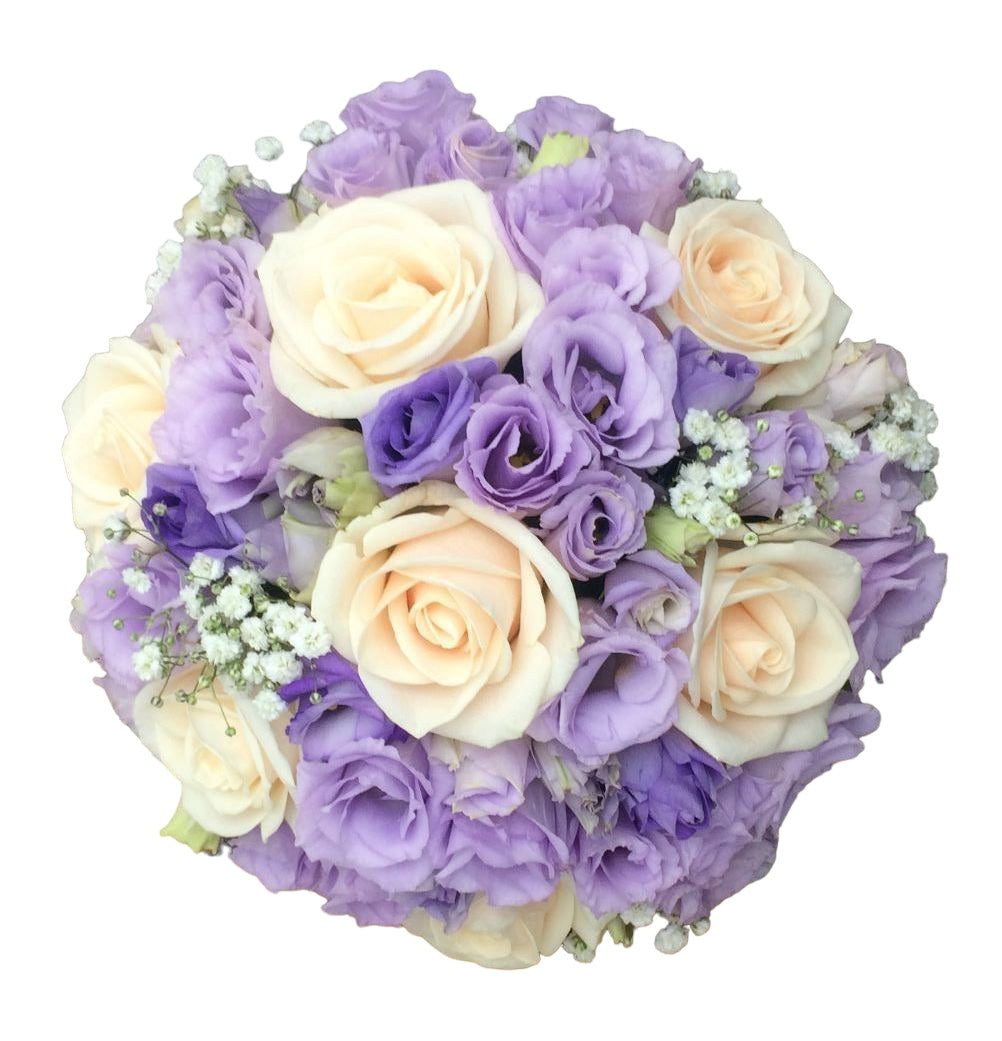 Buchet mireasa pastel lisianthus lila si trandafiri crem