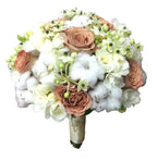 Buchet mireasa bumbac si trandafiri cappuccino