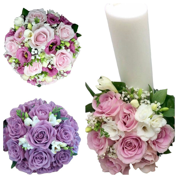 Complete wedding package - short wedding bouquets and candles with pink roses