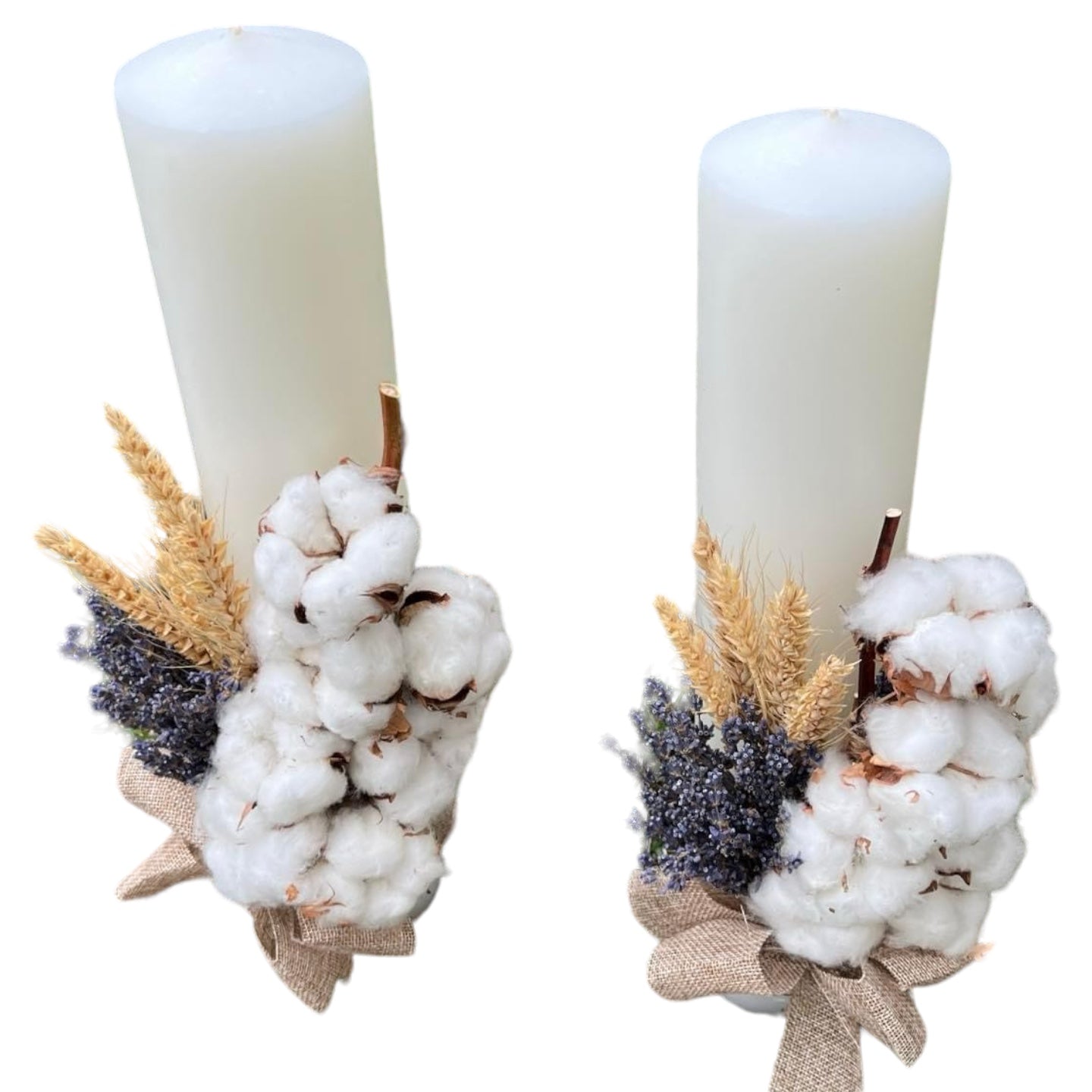 Lumanari cununie rustice cu lavanda si spice de grau