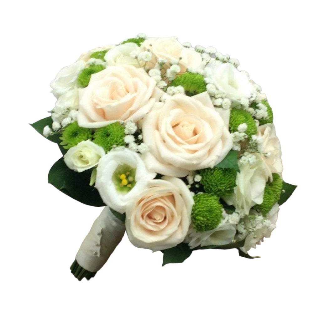 Buchet mireasa cu trandafiri, lisianthus si santini