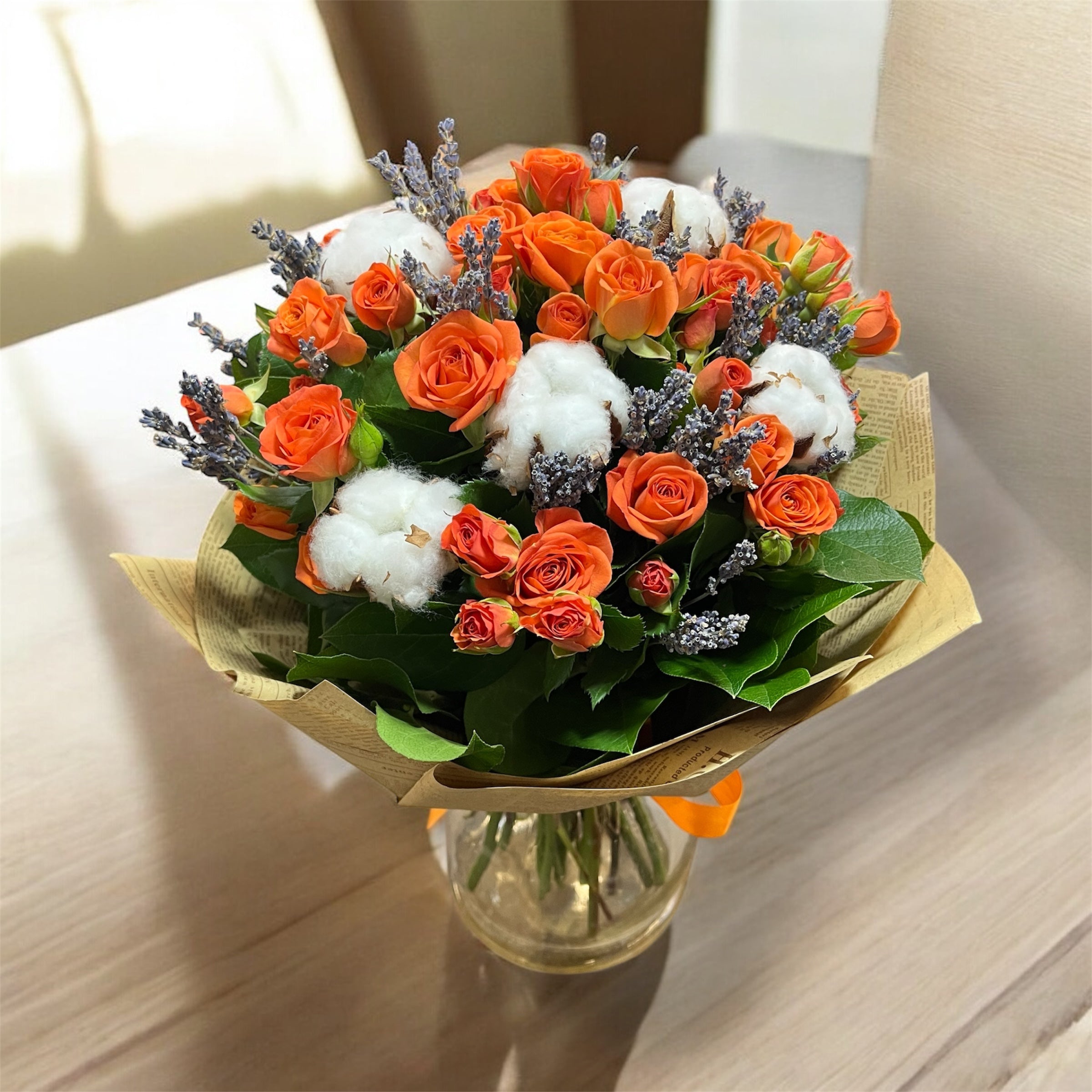 Bouquet with lavender, mini roses and cotton flowers