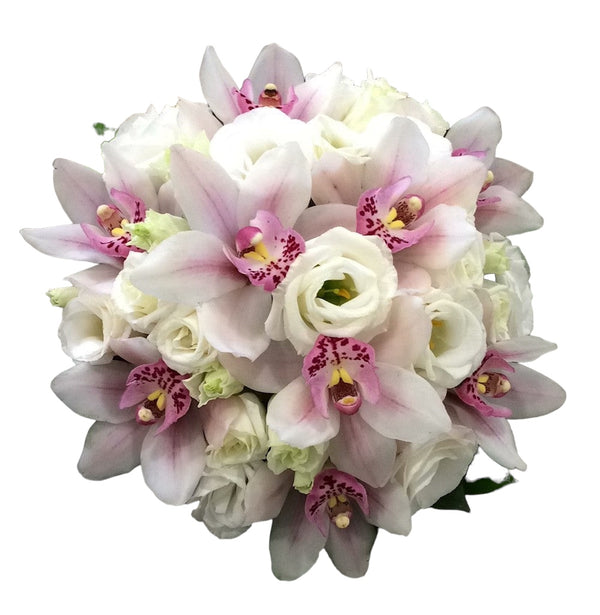 Wedding bouquet of cymbidium and lisianthus orchids