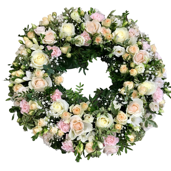 Coroana funerara rotunda flori crem-roz