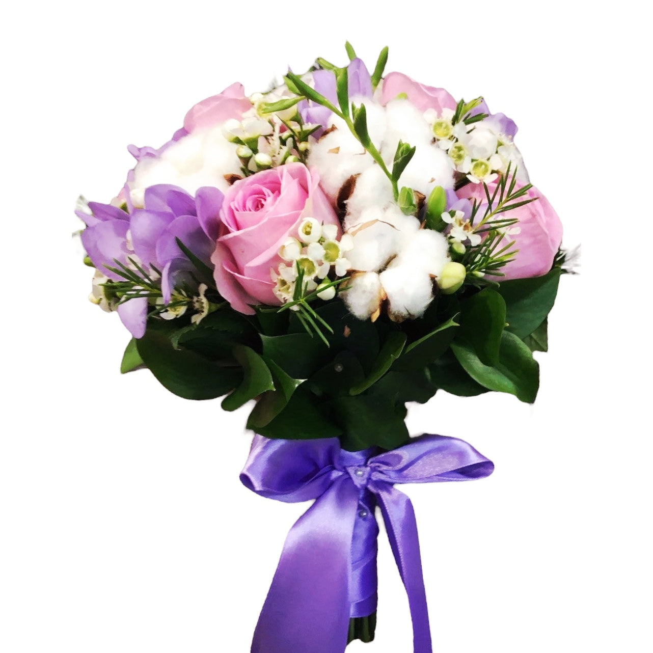 Cotton bridal bouquet and lilac freesias