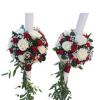 Wedding candles with white roses and red mini roses