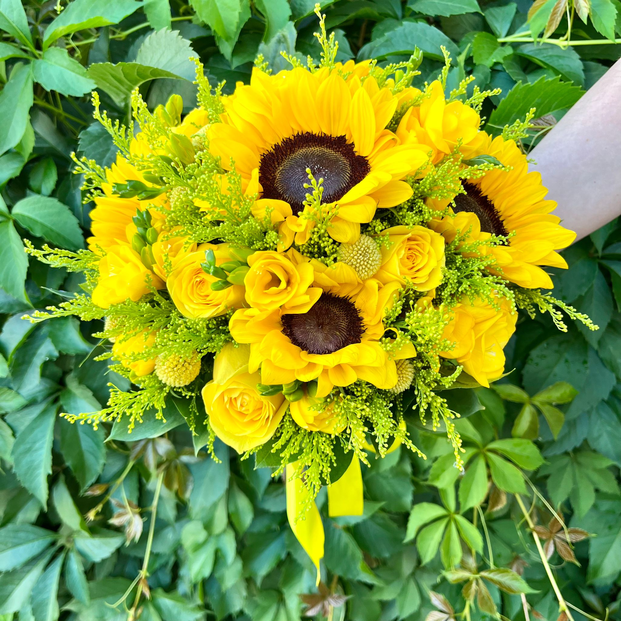 Buchet cununie helianthus si craspedia