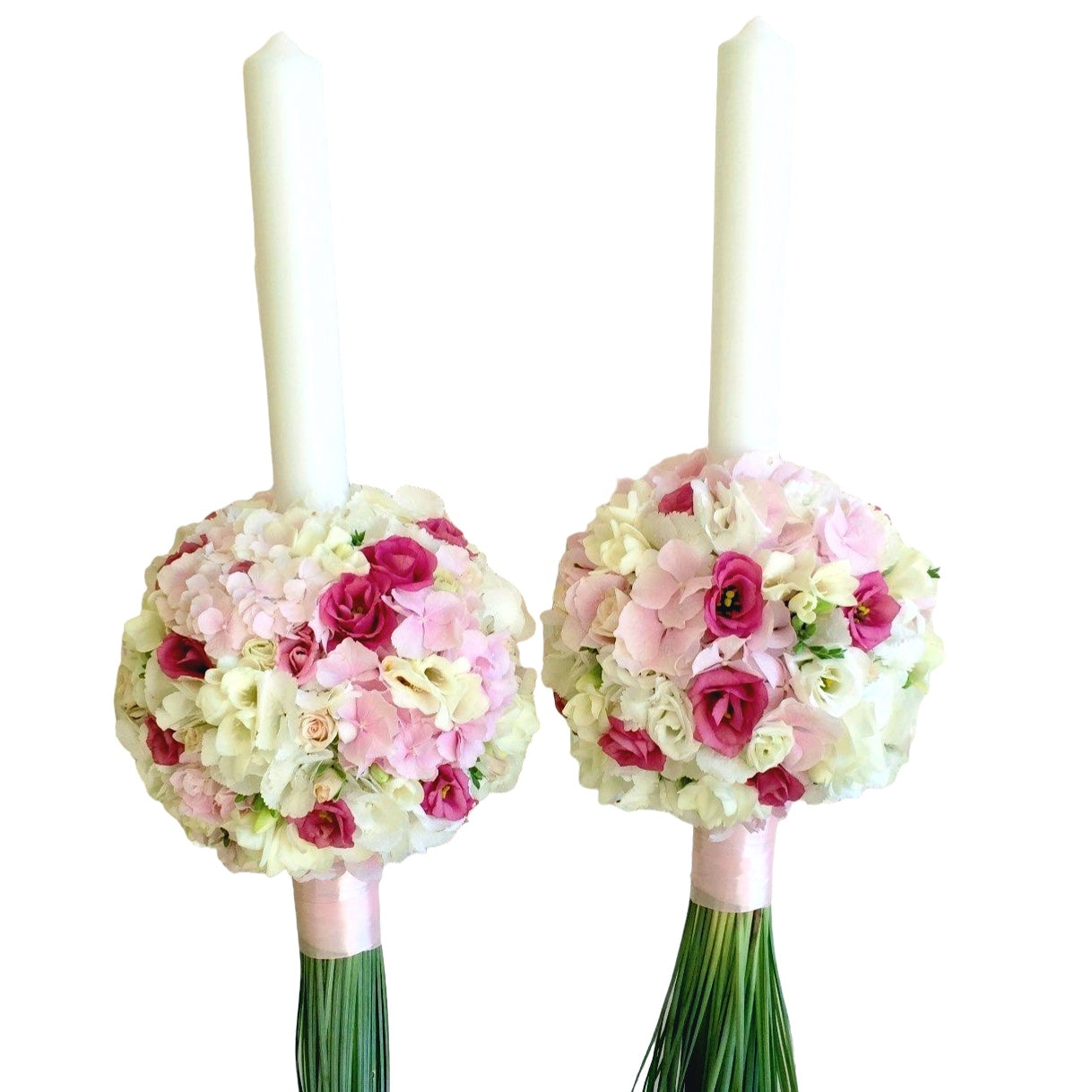 Lumanari de cununie cu hortensie, frezii, lisianthus si minirose