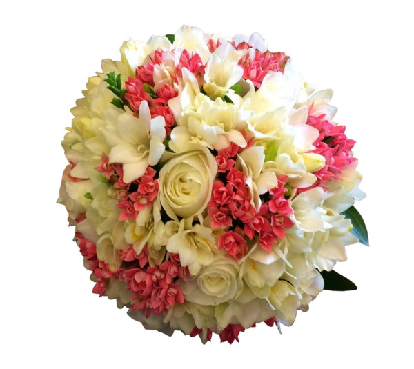 Bridal bouquet with roses, freesias and bouvardia