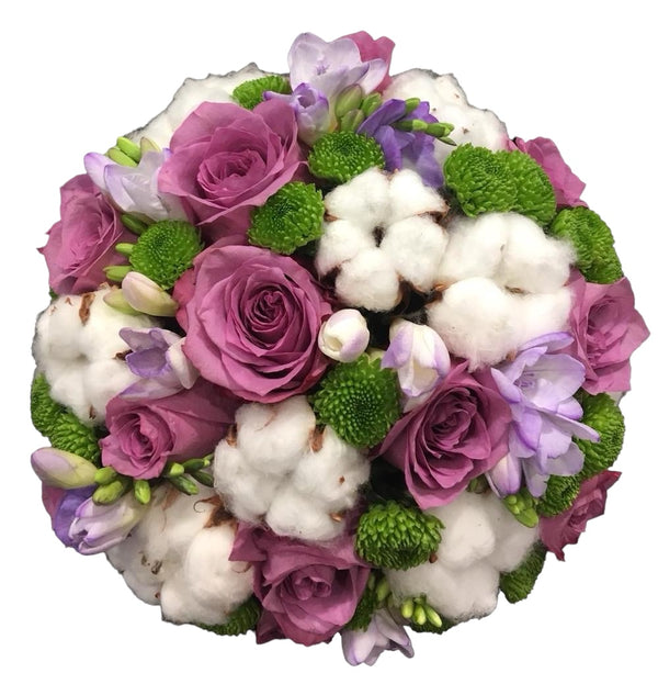 Cotton wedding bouquet and purple roses