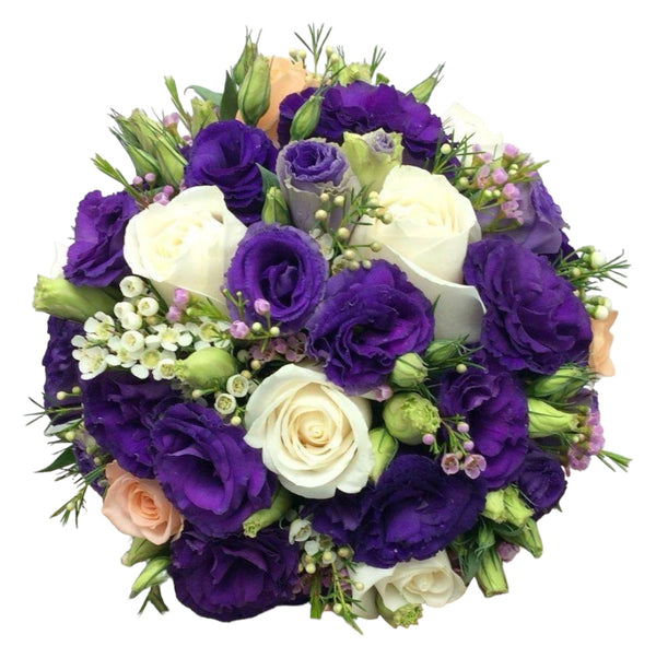 Wedding bouquet of roses and purple lisianthus