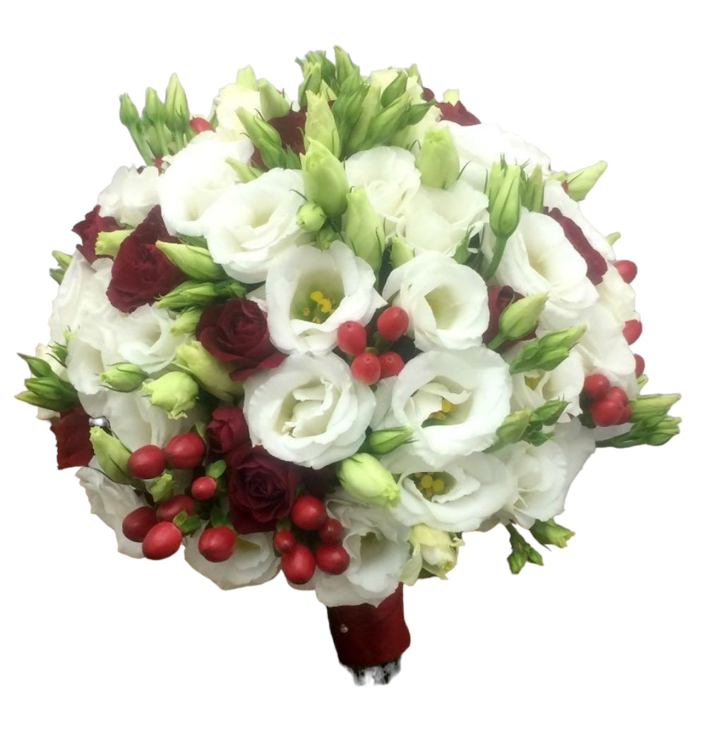 Buchet cununie minirose rosii si lisianthus alb