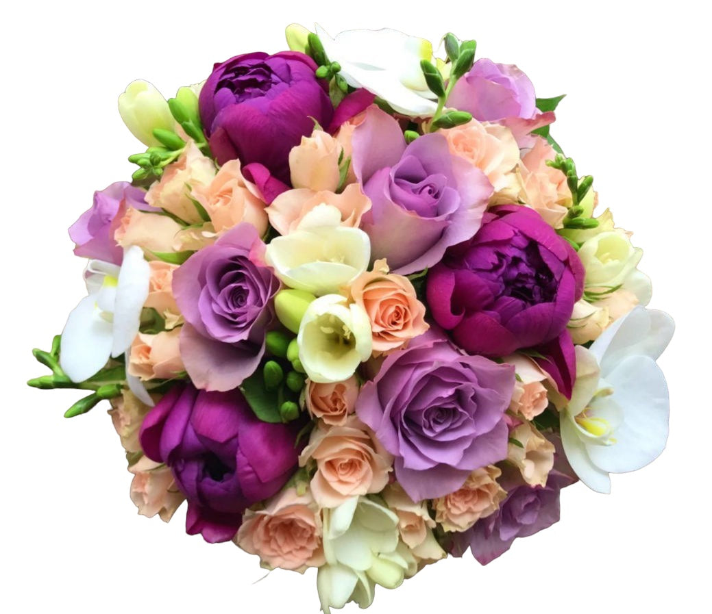 Buchet mireasa bujori mov si trandafiri