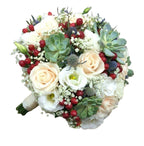 Buchet cununie trandafiri, lisianthus si suculente