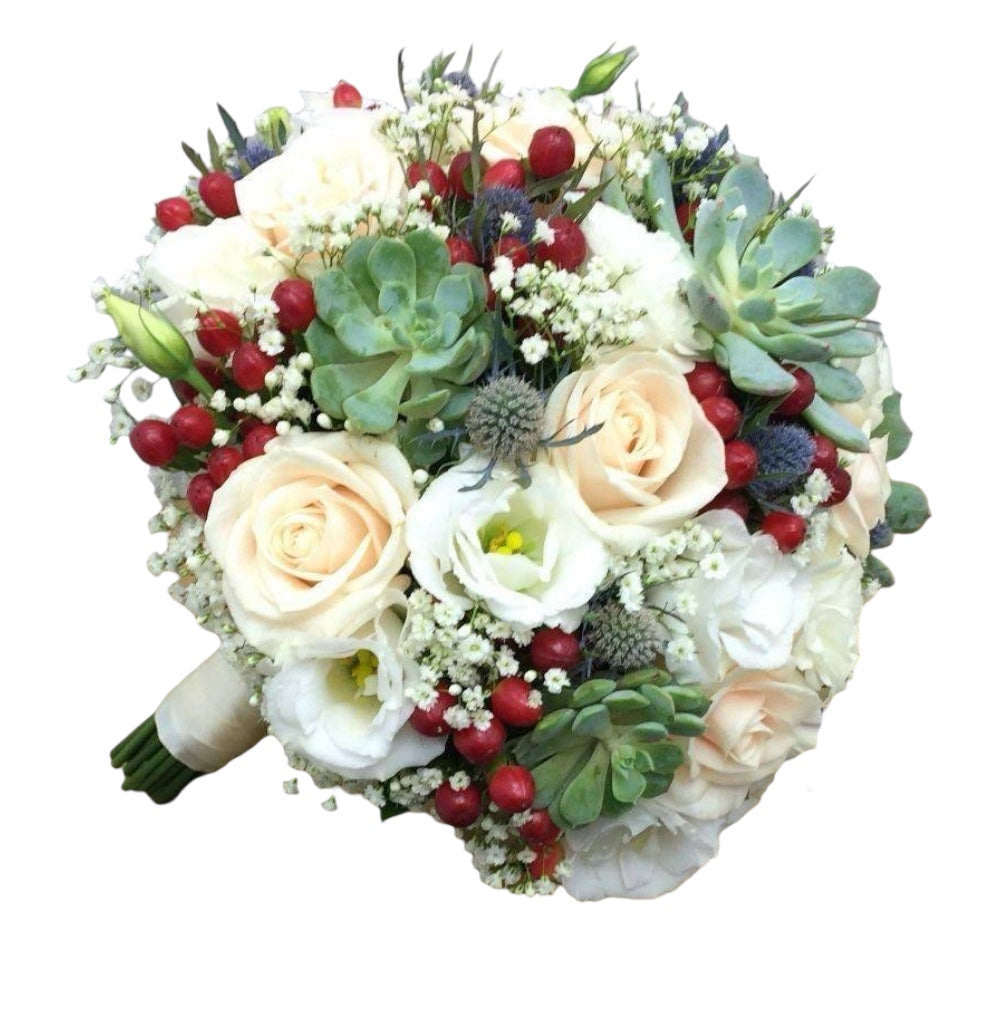 Buchet cununie trandafiri, lisianthus si suculente