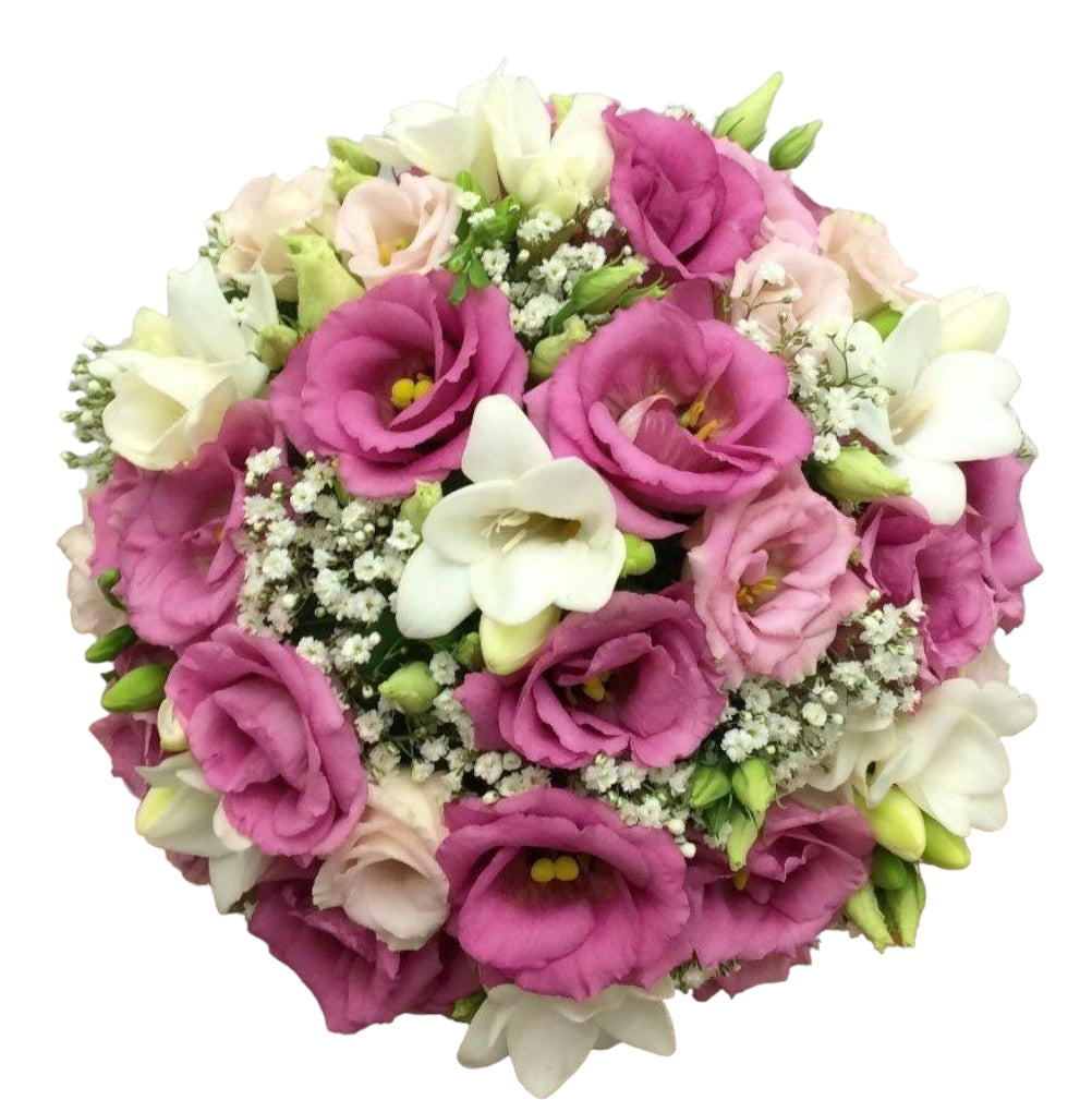 Buchet mireasa frezii si lisianthus roz