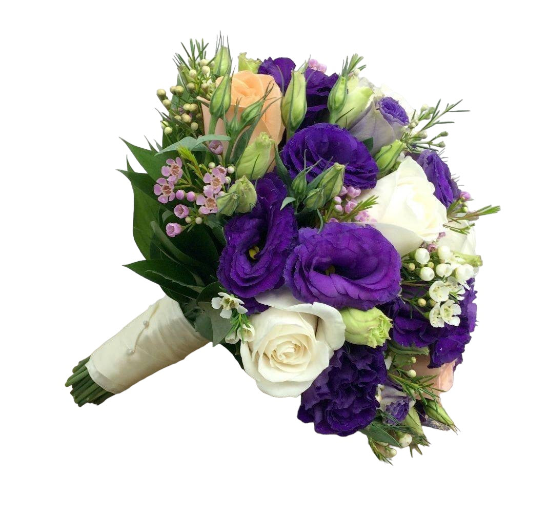 Buchet cununie trandafiri si lisianthus mov