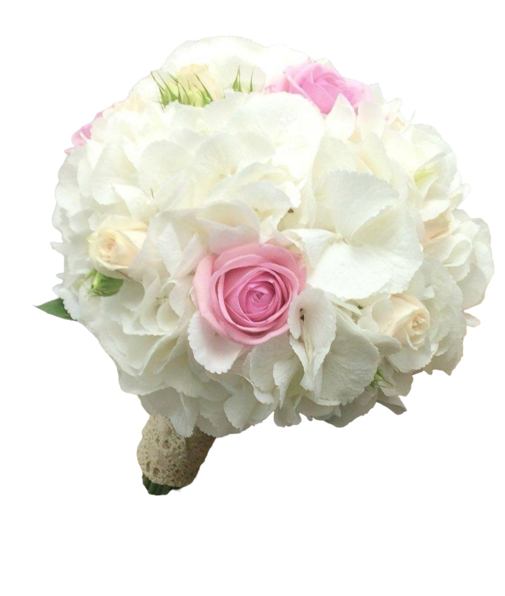 Buchet mireasa hortensie alba si minirose crem