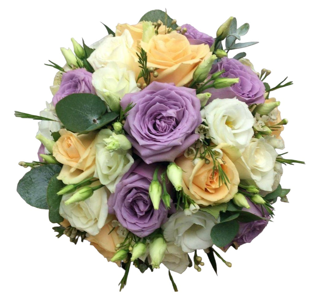 Buchet mireasa cu trandafiri peach si mov