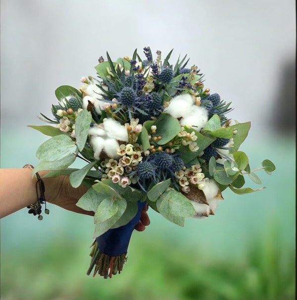 Cotton and eryngium bridal bouquet