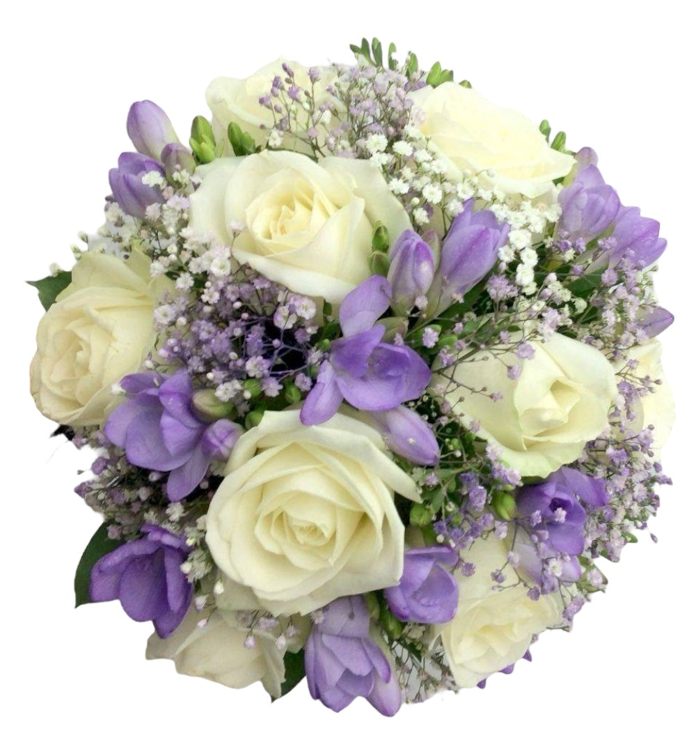 Buchet mireasa frezii mov si trandafiri albi