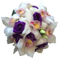 Buchet de mireasa din orhidee Cymbidium alba si lisianthus mov