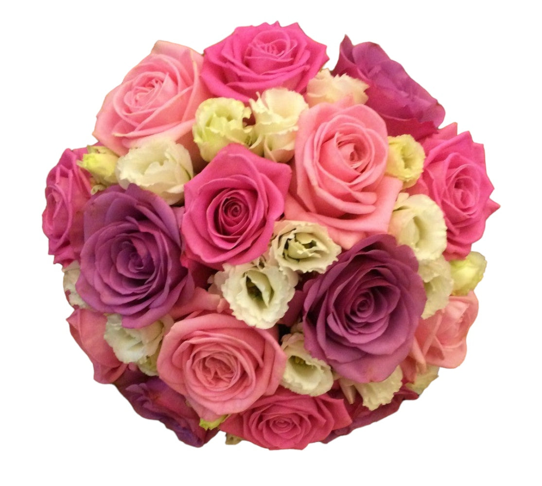 Buchet de mireasa pastel cu trandafiri si lisianthus