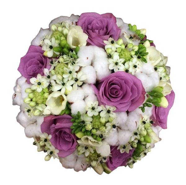 Cotton wedding bouquet, ornithogalum and purple roses