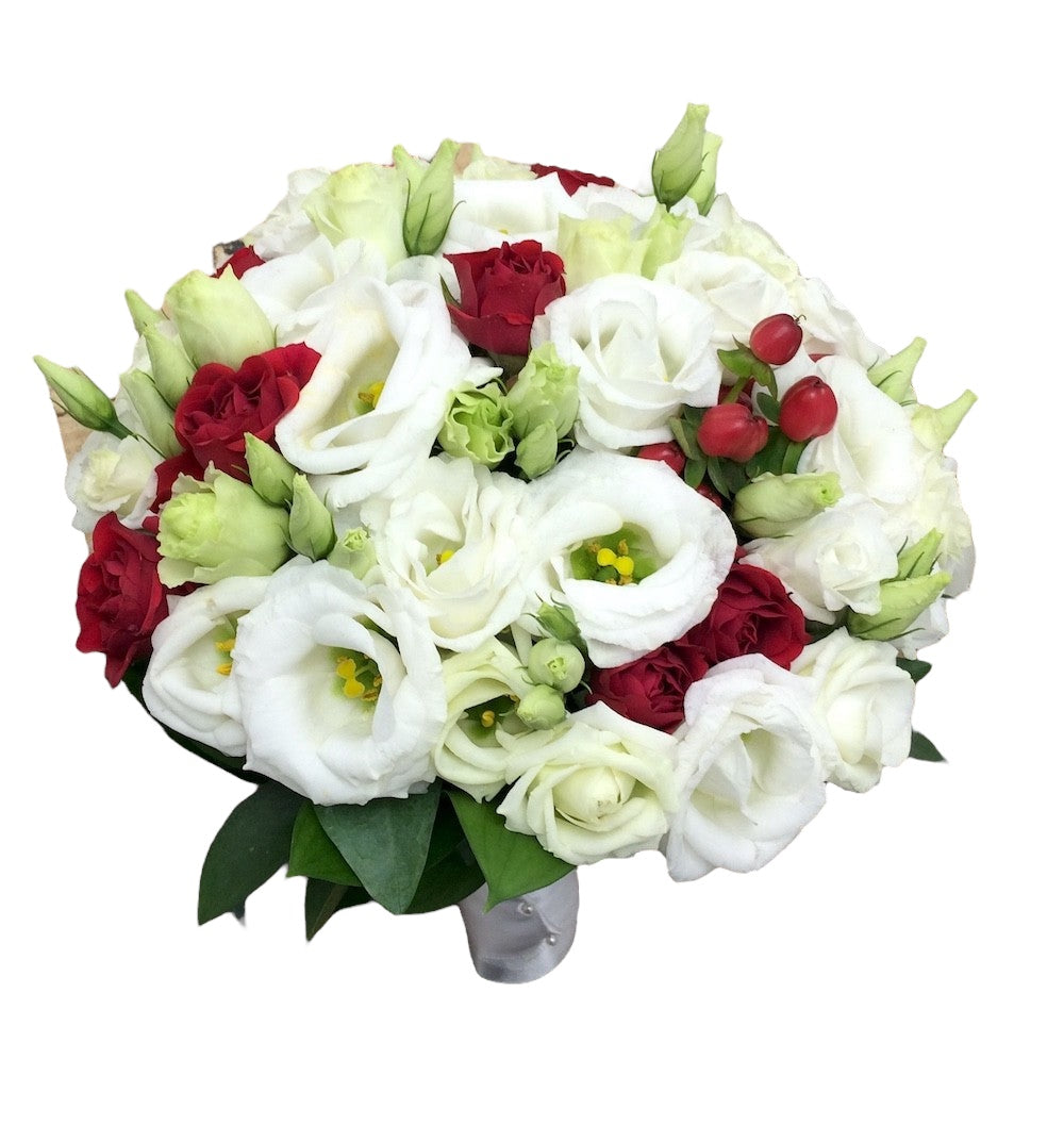 Buchet cununie minirose rosii si lisianthus alb