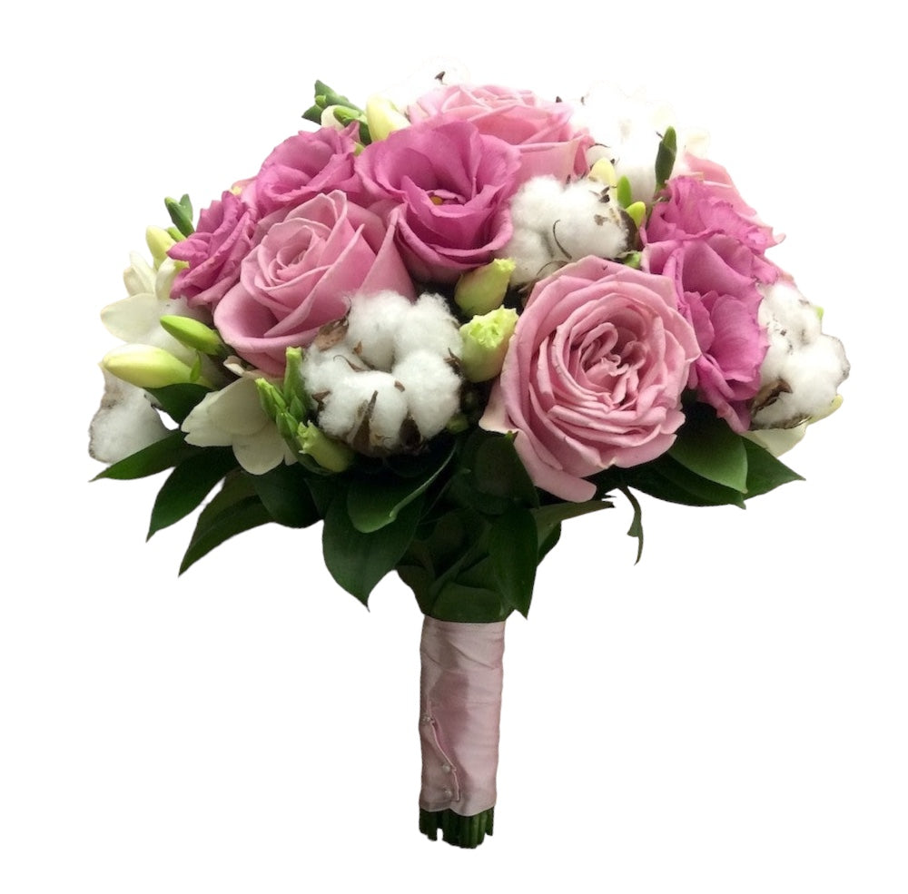 Wedding bouquet pink roses and cotton