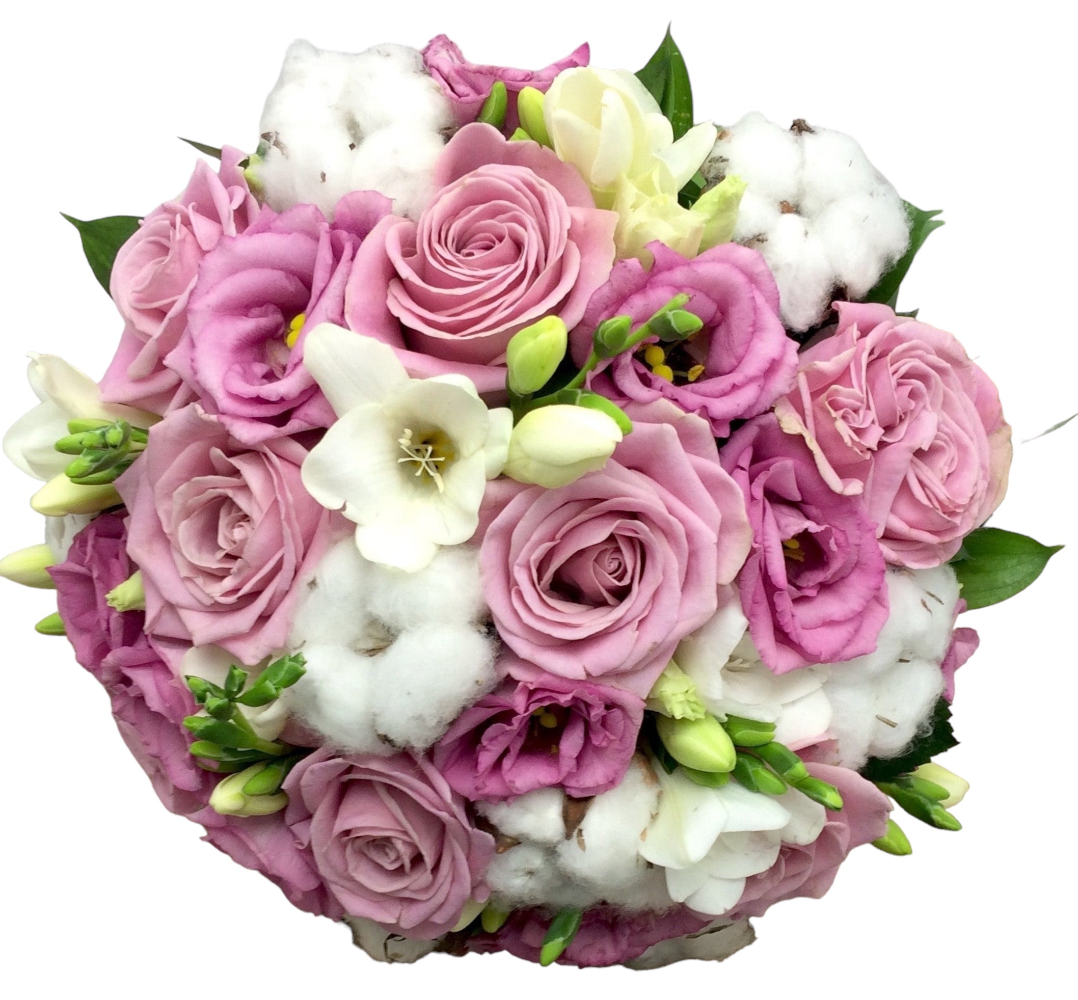Wedding bouquet pink roses and cotton