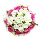 Bridal bouquet of pink roses and lisianthus