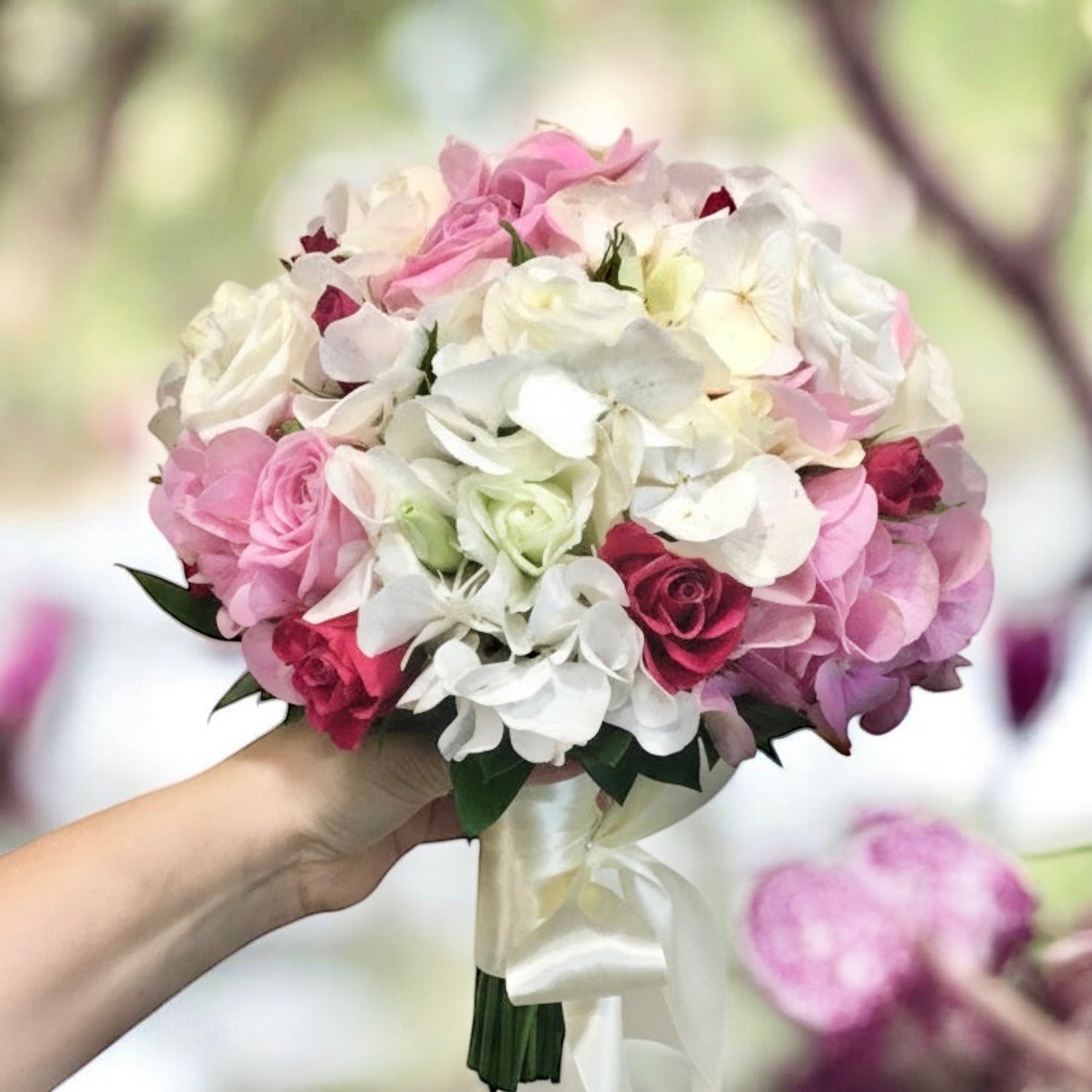 Bridal bouquet of white and pink hydrangea