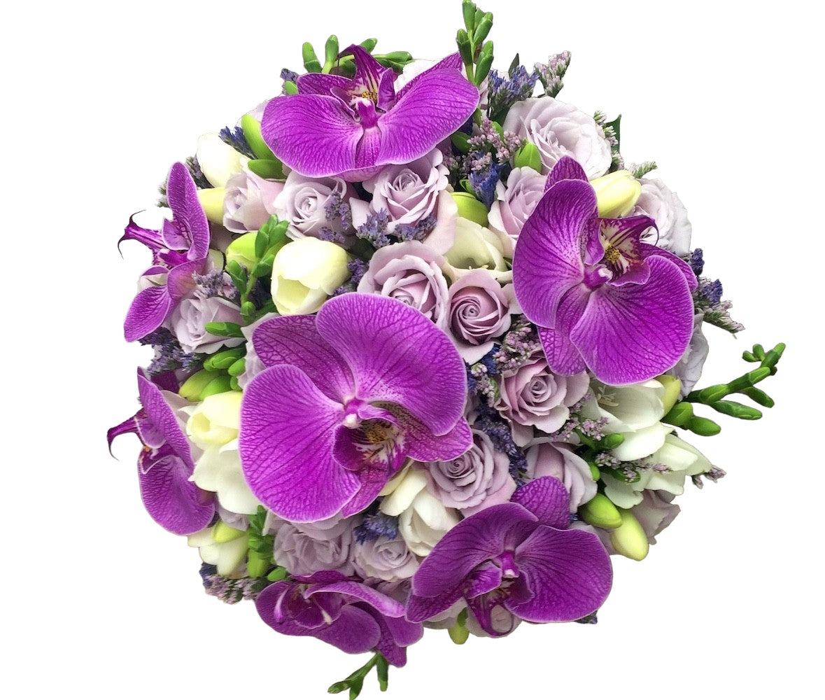 Buchet mireasa minirose lila si orhidee