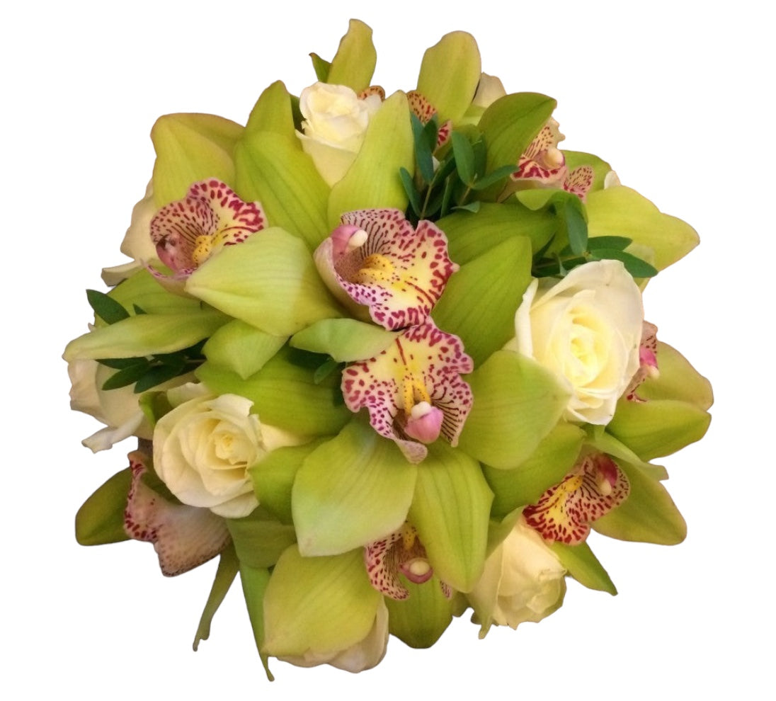 Buchet mireasa orhidee cymbidium verde si trandafiri