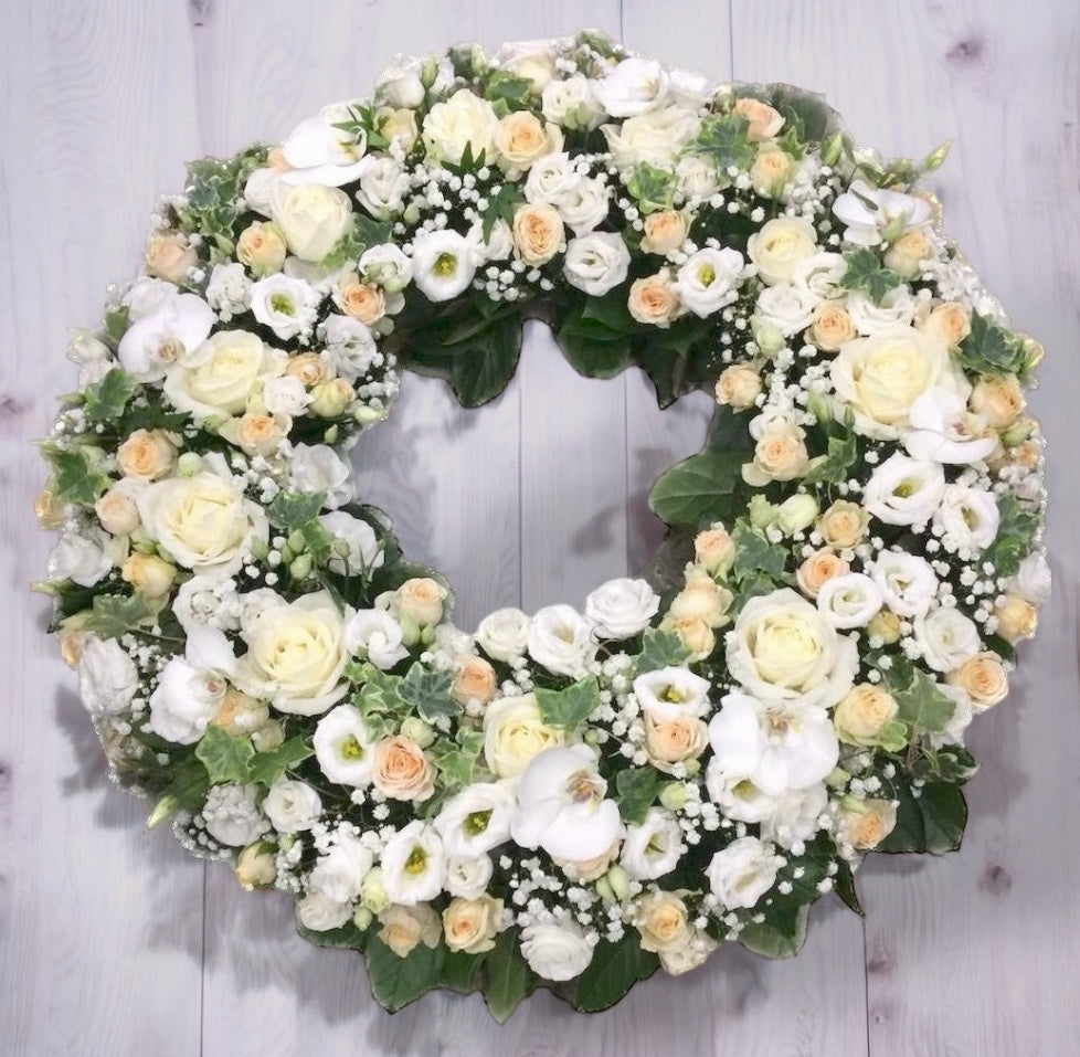 Coroana funerara mare cu flori albe