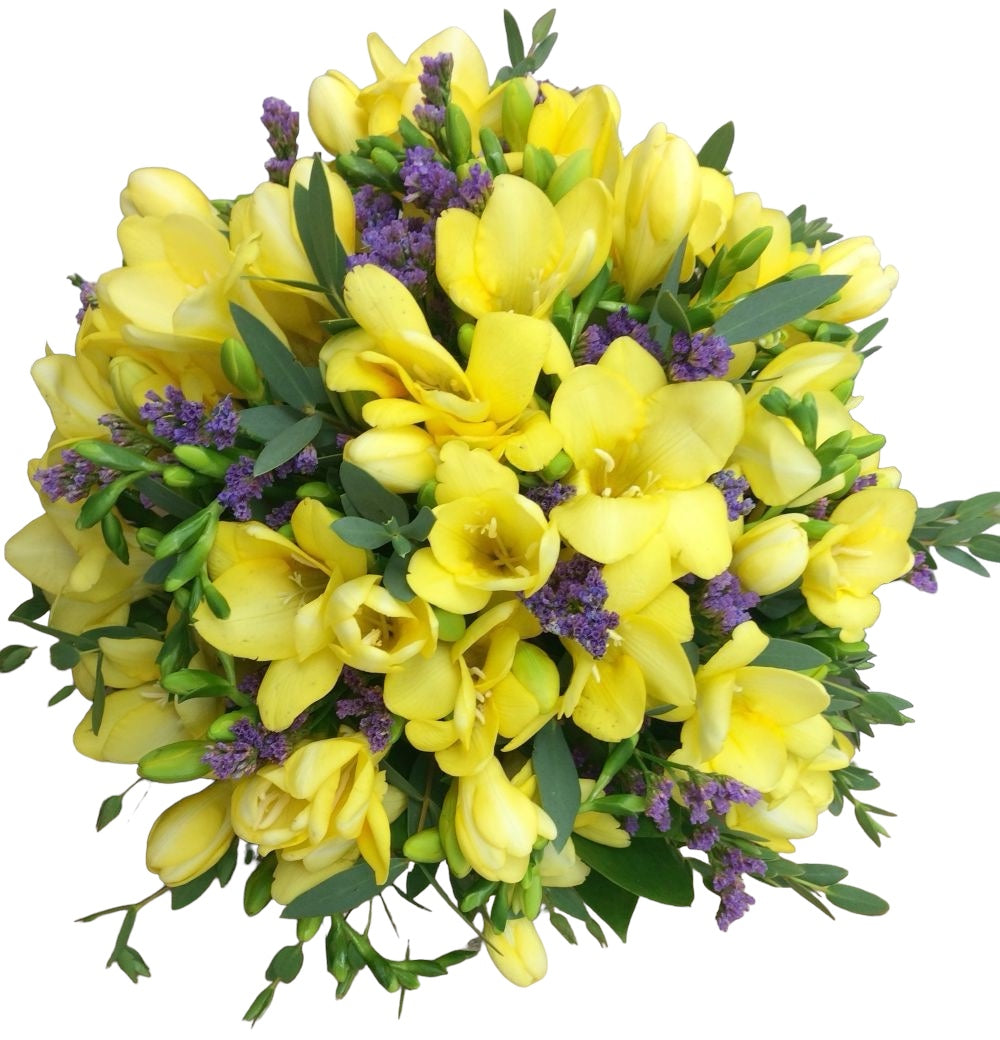 Buchet mireasa frezii galbene si limonium