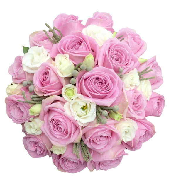 Bridal bouquet with pink roses, brunia and lisianthus