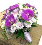 Buchet mireasa minirose lila si orhidee