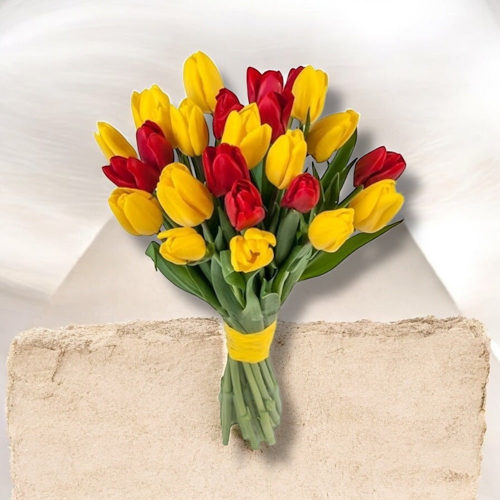 Bouquet of 25 red and yellow tulips
