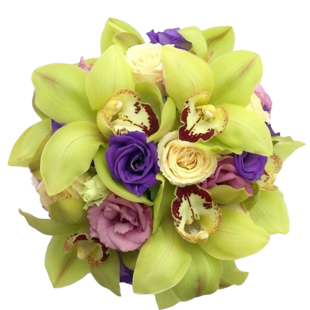 Buchet mireasa orhidee cymbidium verde si lisianthus