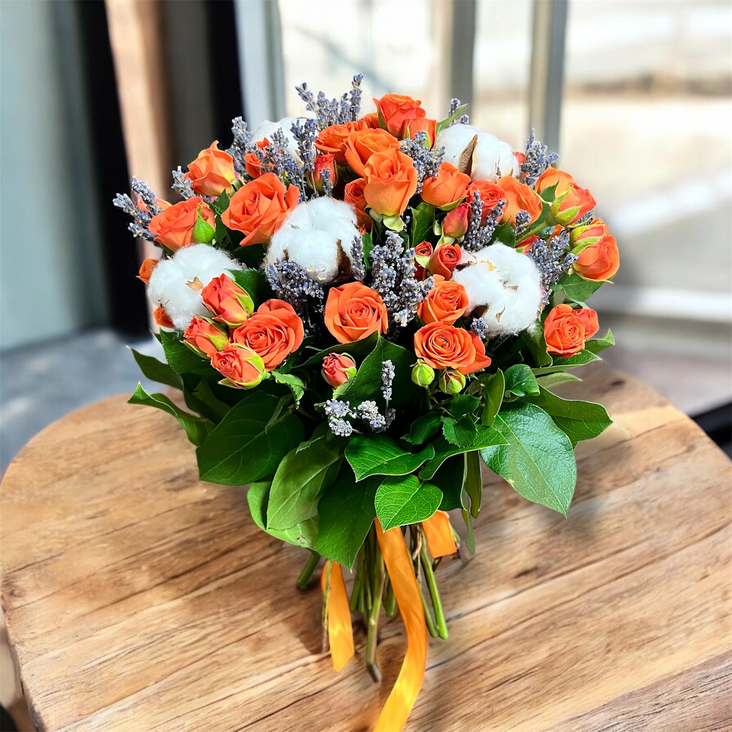 Bouquet with lavender, mini roses and cotton flowers