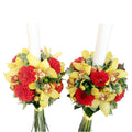 Lumanari de cununie dalii rosii si orhidee galbena