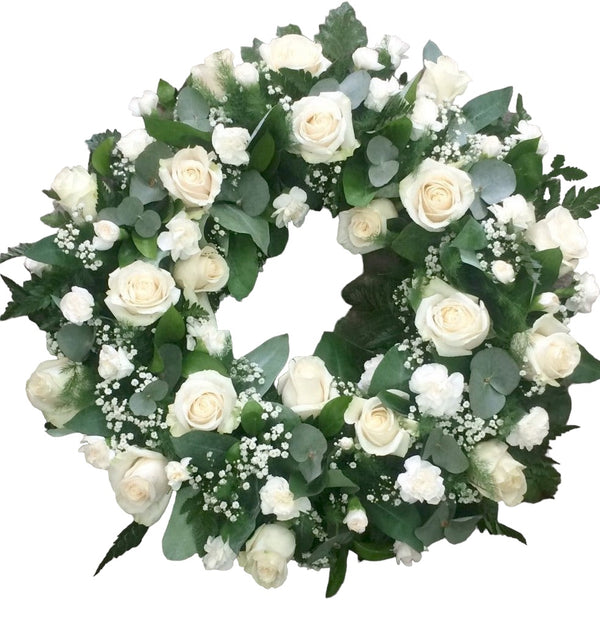 Coroana funerara cu flori albe