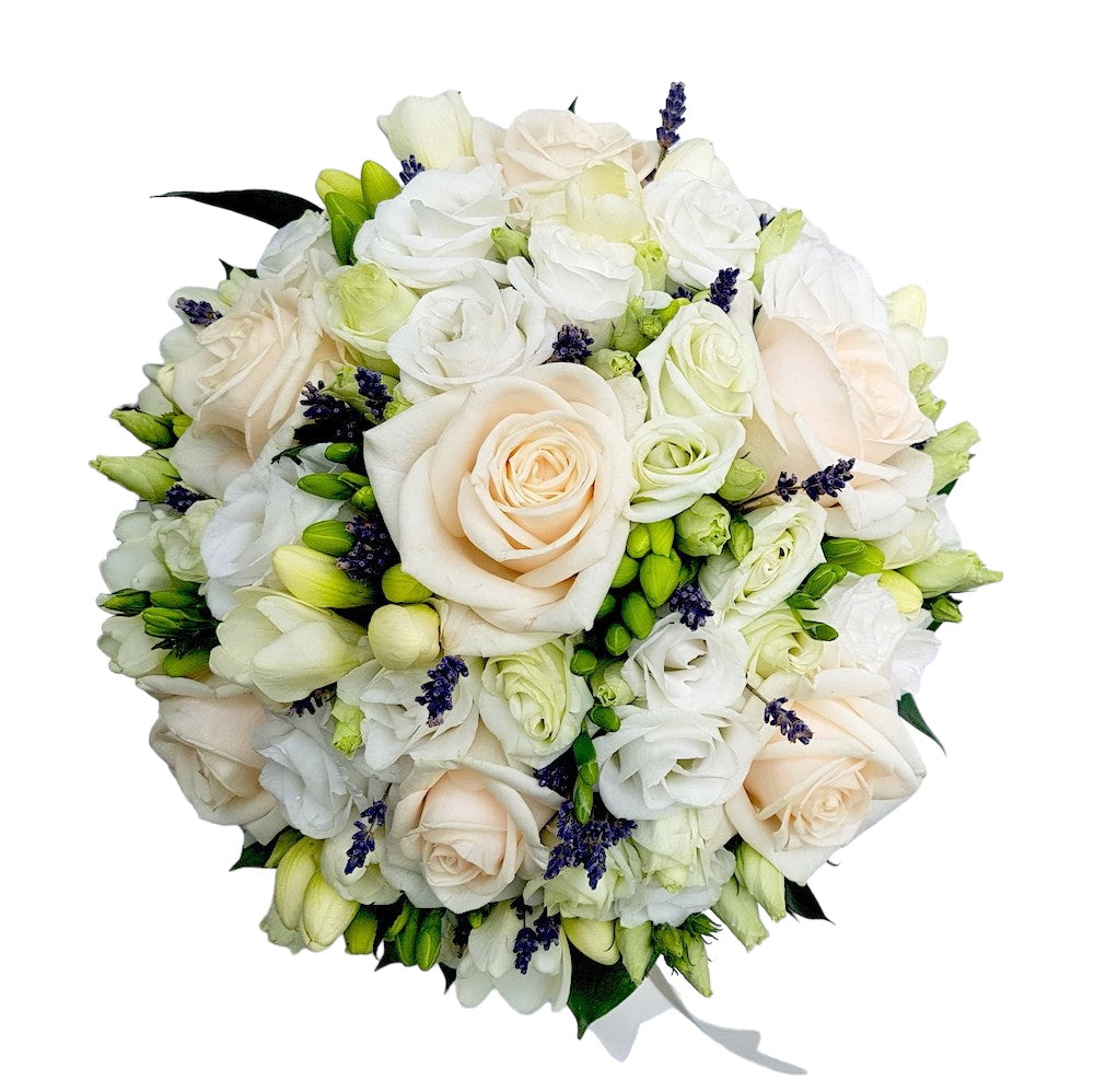 Buchet mireasa trandafiri crem si lavanda