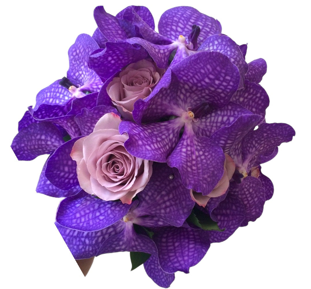 Buchet de mireasa cu trandafiri mov si vanda