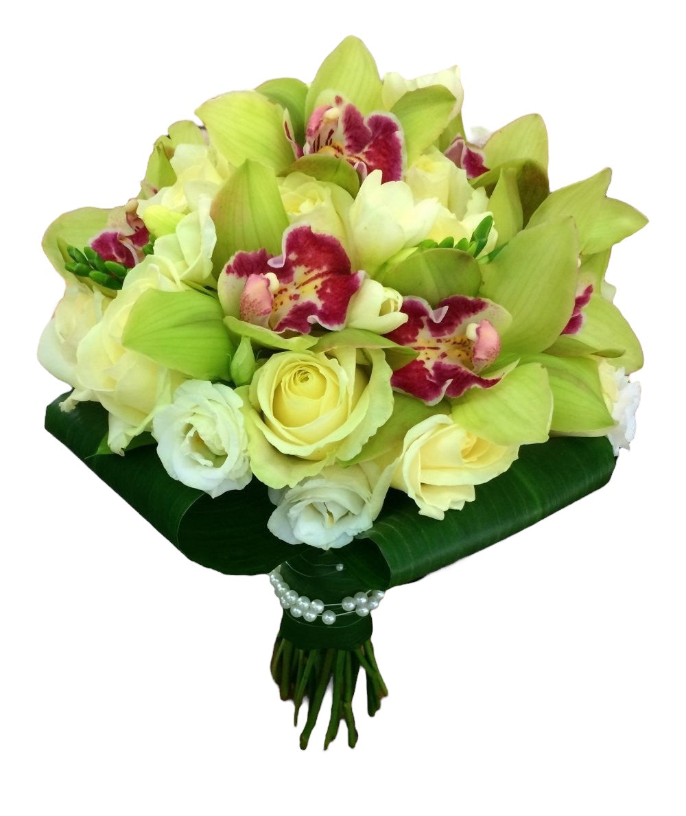 Buchet de cununie deosebit cu orhidee cymbidium verde si frezii